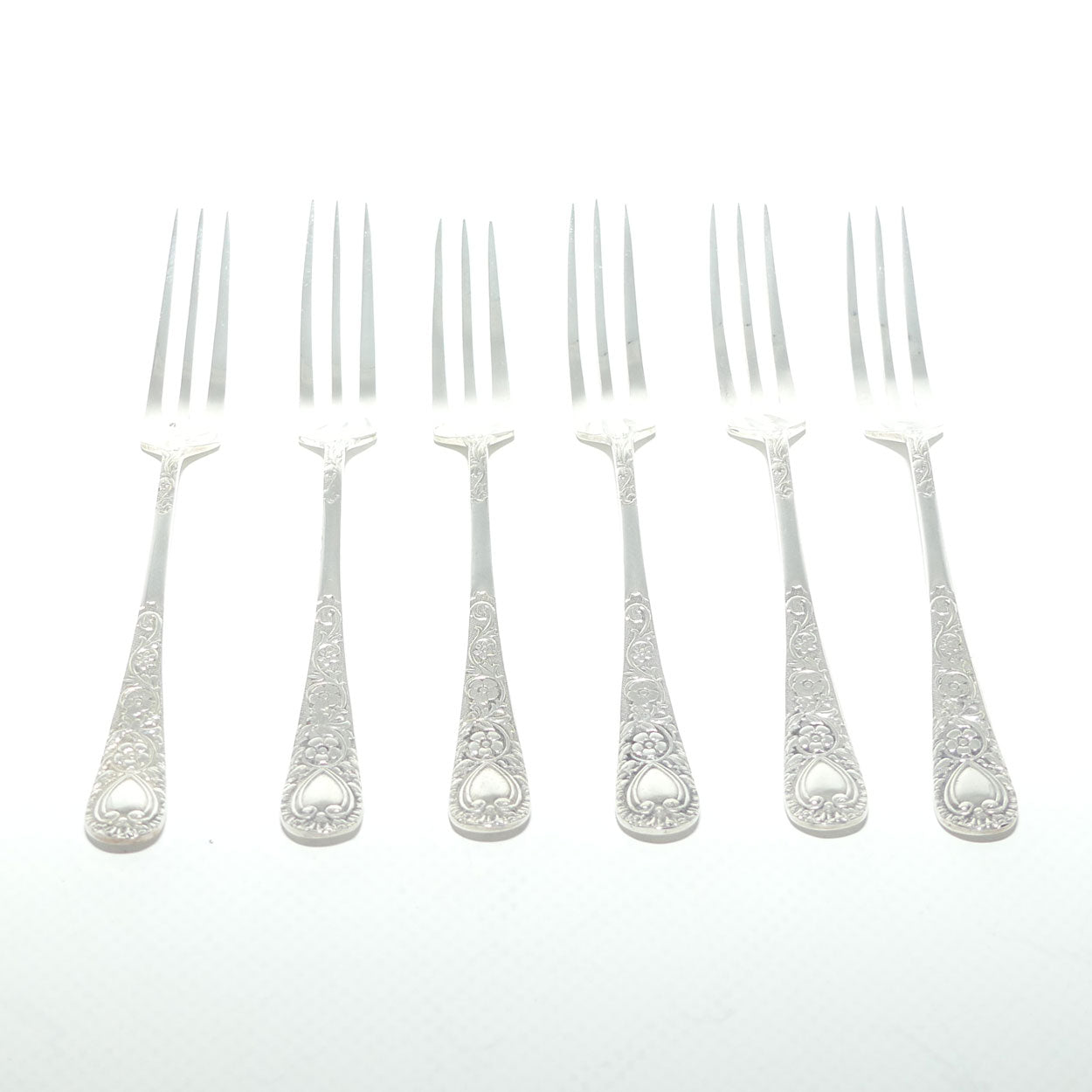 Set of 6 EPNS A1 cake forks | Embossed handles | boxed