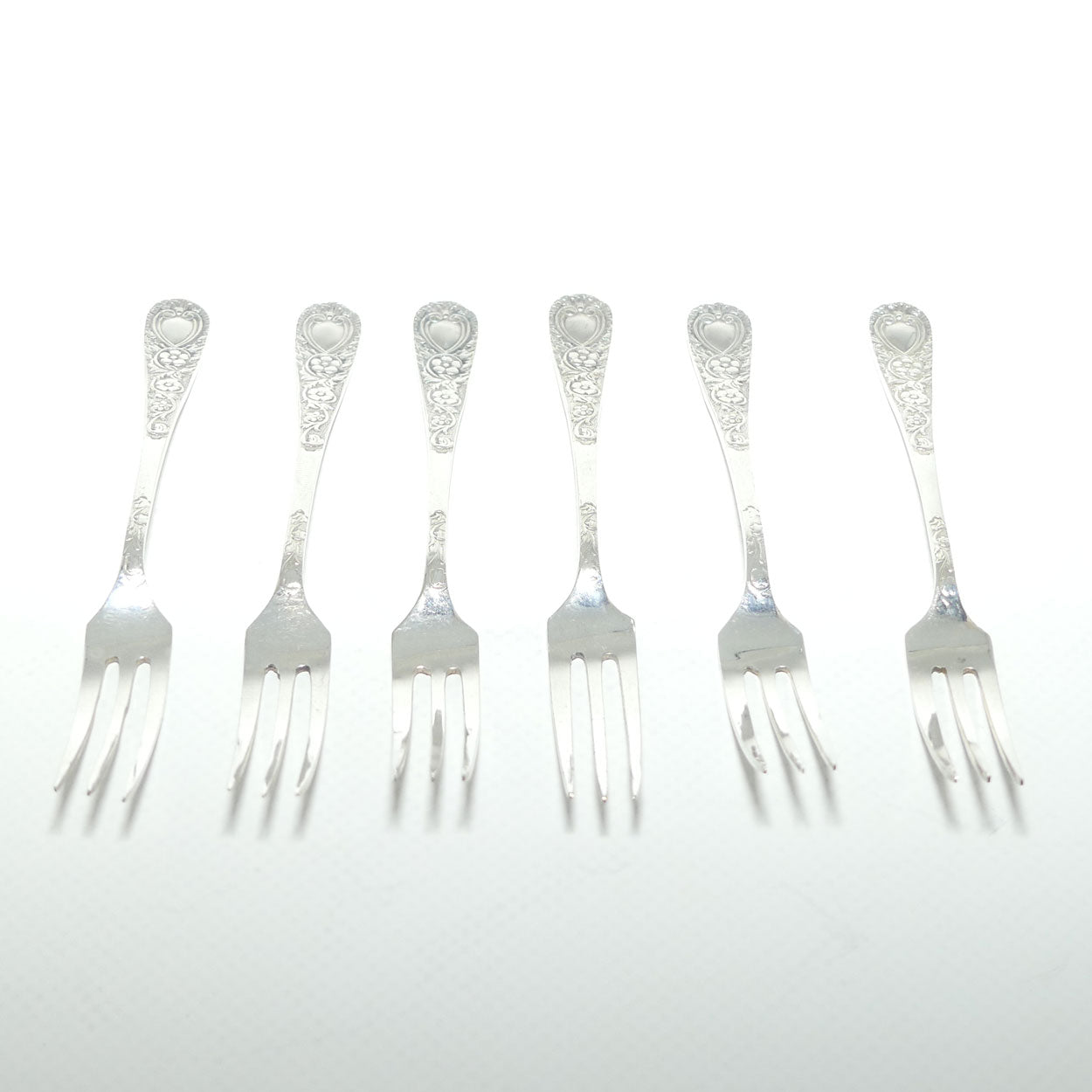 Set of 6 EPNS A1 cake forks | Embossed handles | boxed