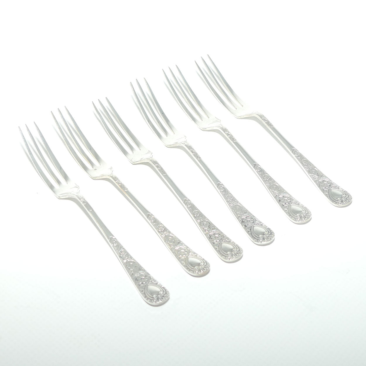 Set of 6 EPNS A1 cake forks | Embossed handles | boxed