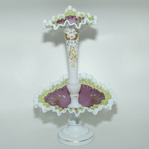 Victorian era Milk and Mulberry Glass, Hand enamelled single trumpet epergne 