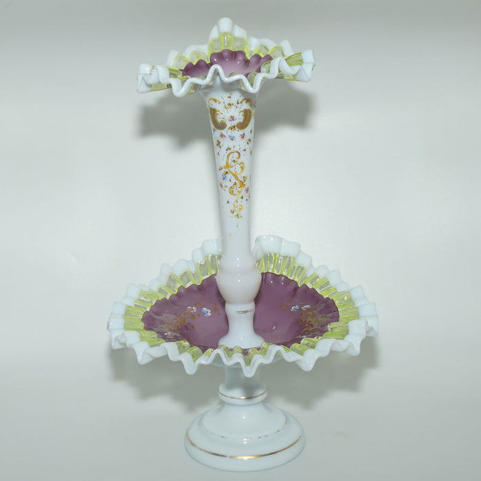 Victorian era Milk and Mulberry Glass, Hand enamelled single trumpet epergne with Uranium Glass trim