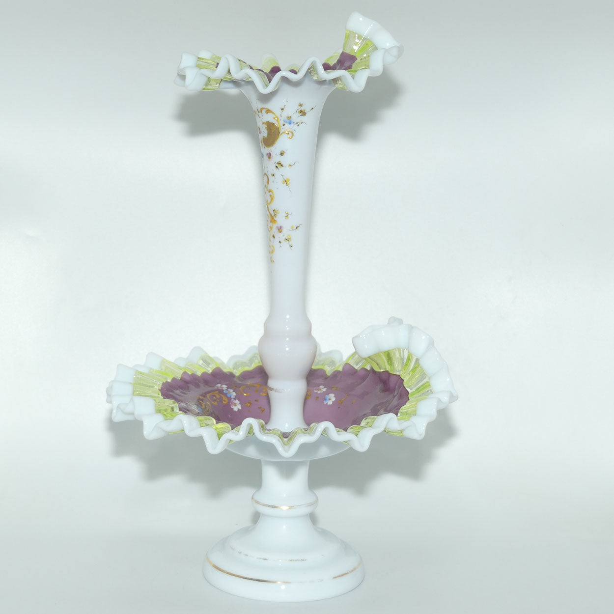 Victorian era Milk and Mulberry Glass, Hand enamelled single trumpet epergne with Uranium Glass trim