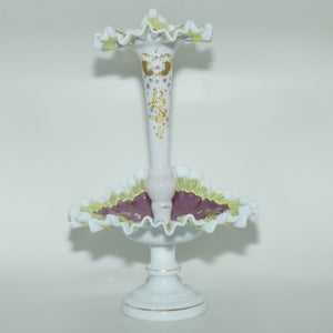 Victorian era Milk and Mulberry Glass, Hand enamelled single trumpet epergne 