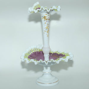 Victorian era Milk and Mulberry Glass, Hand enamelled single trumpet epergne 