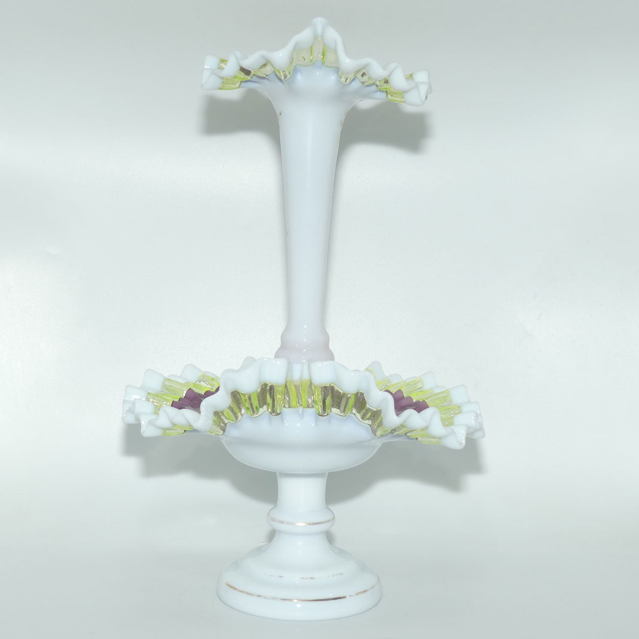 Victorian era Milk and Mulberry Glass, Hand enamelled single trumpet epergne with Uranium Glass trim