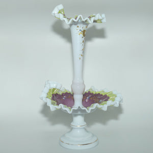 Victorian era Milk and Mulberry Glass, Hand enamelled single trumpet epergne 