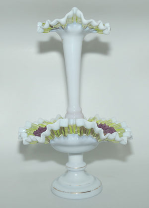 Victorian era Milk and Mulberry Glass, Hand enamelled single trumpet epergne 