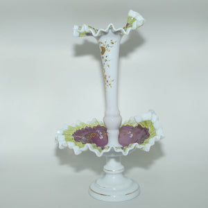 Victorian era Milk and Mulberry Glass, Hand enamelled single trumpet epergne 