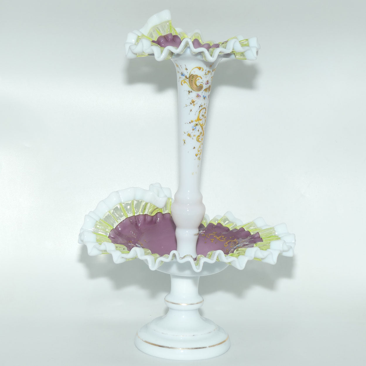 Victorian era Milk and Mulberry Glass, Hand enamelled single trumpet epergne with Uranium Glass trim