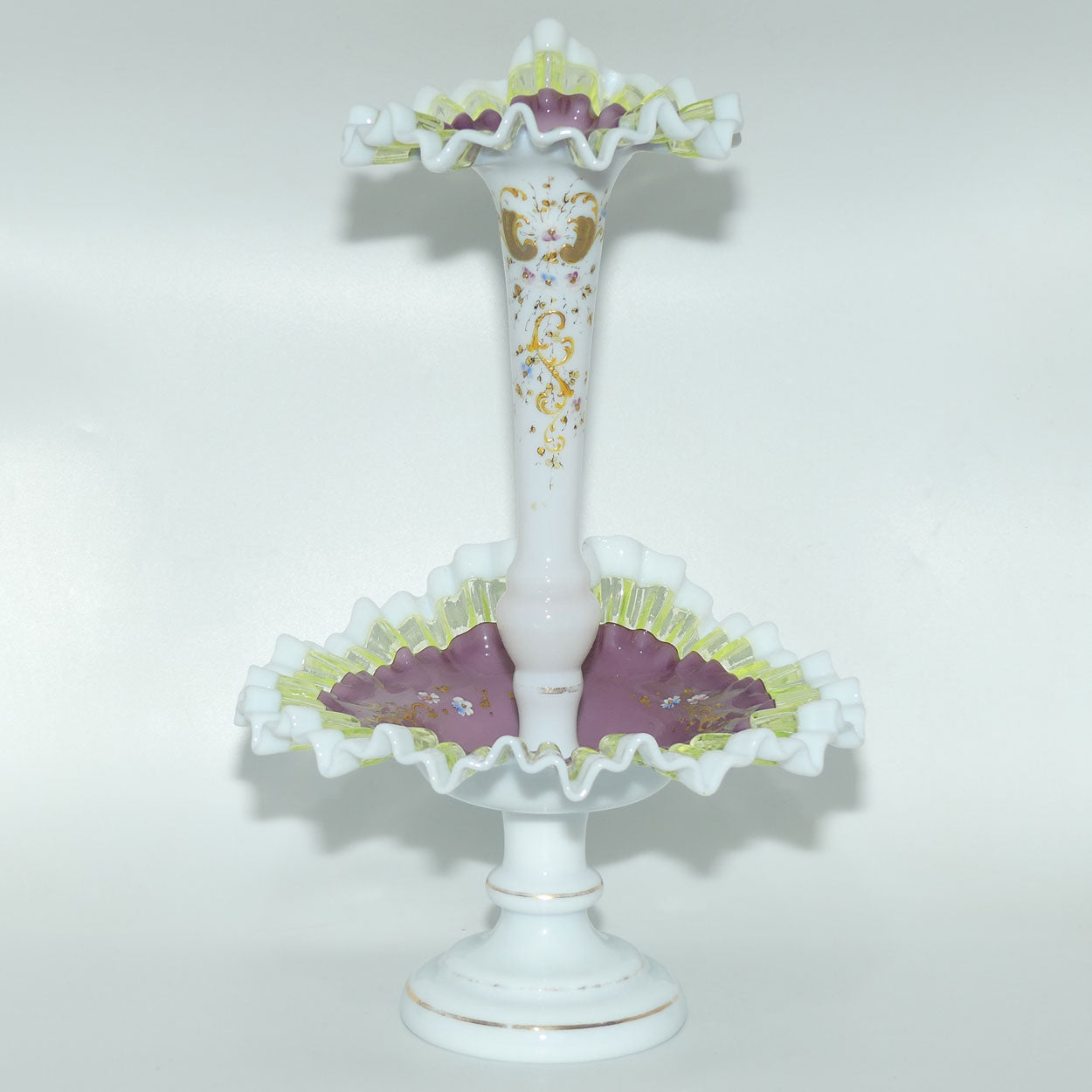 Victorian era Milk and Mulberry Glass, Hand enamelled single trumpet epergne with Uranium Glass trim