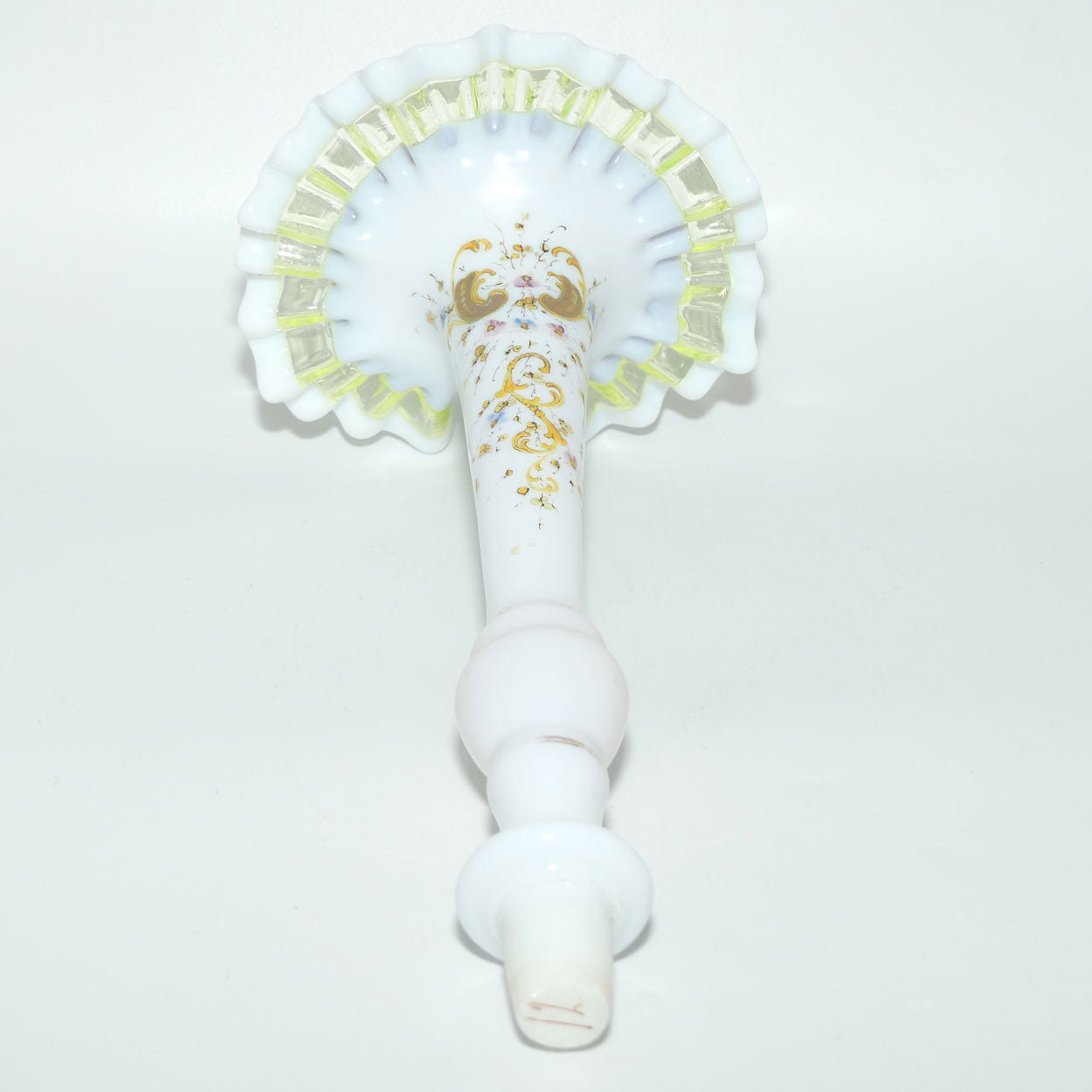 Victorian era Milk and Mulberry Glass, Hand enamelled single trumpet epergne with Uranium Glass trim