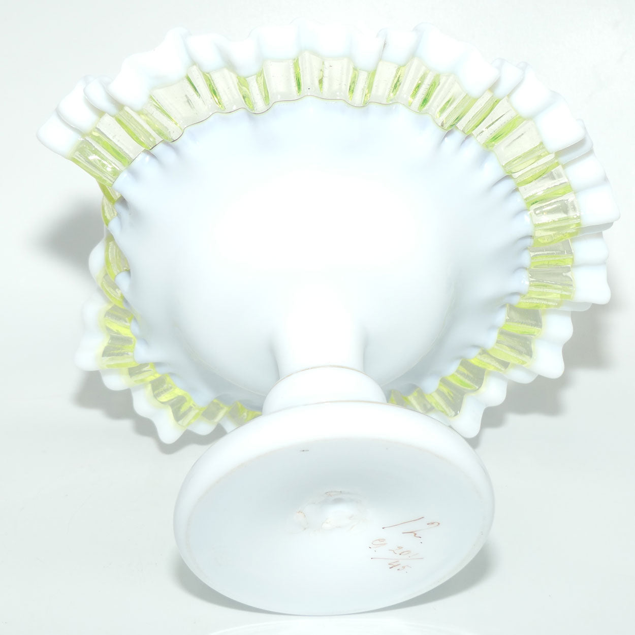 Victorian era Milk and Mulberry Glass, Hand enamelled single trumpet epergne with Uranium Glass trim