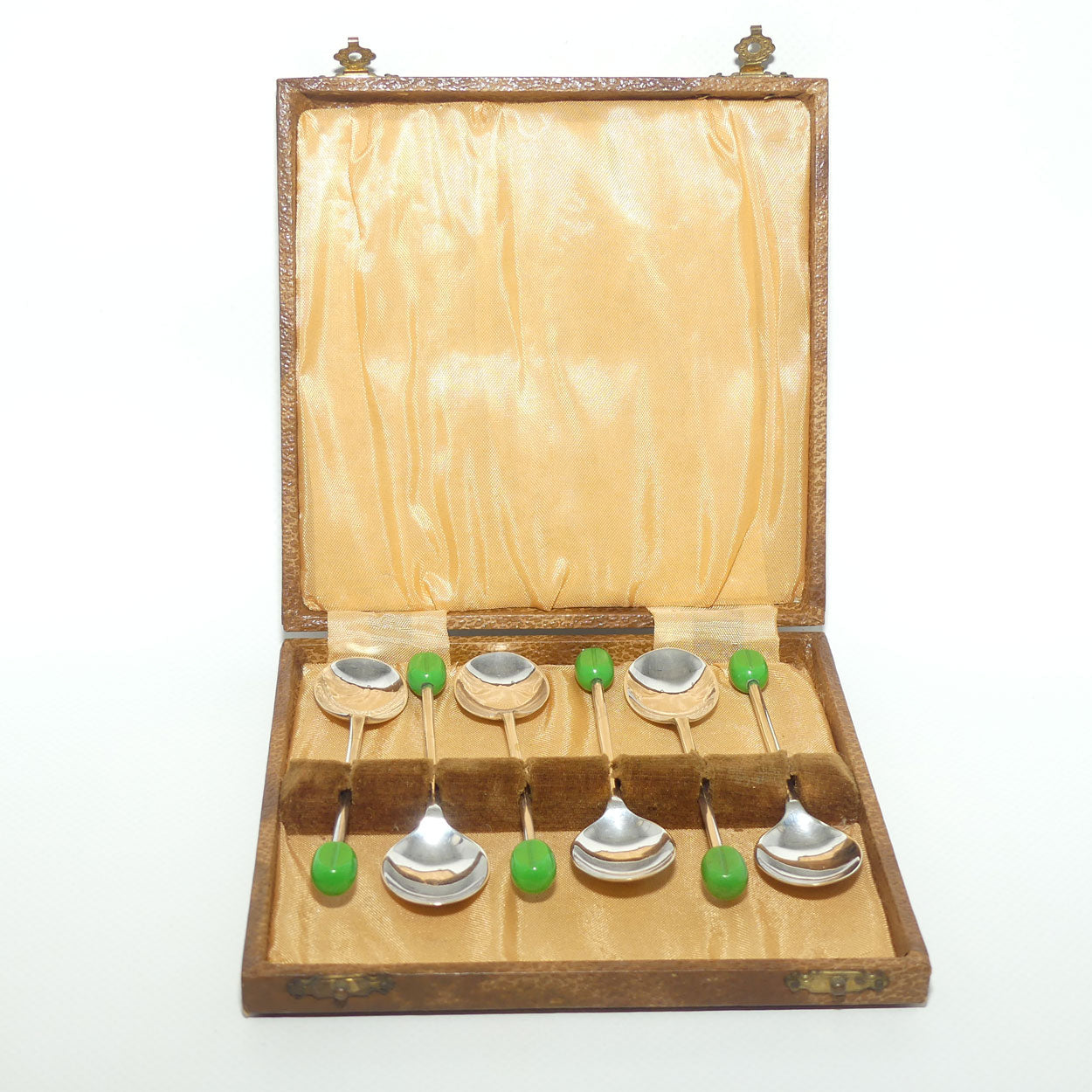 Set of 6 EPNS A1 Art Deco tea or coffee spoons | Green Coffee bean handles | boxed
