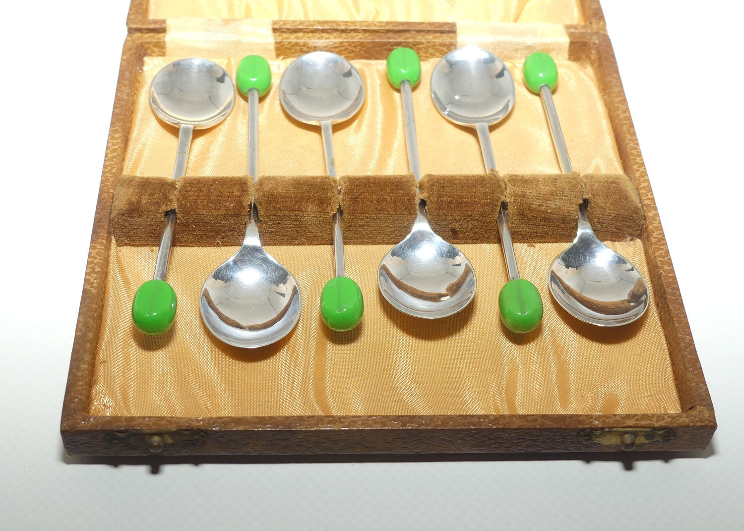 Set of 6 EPNS A1 Art Deco tea or coffee spoons | Green Coffee bean handles | boxed