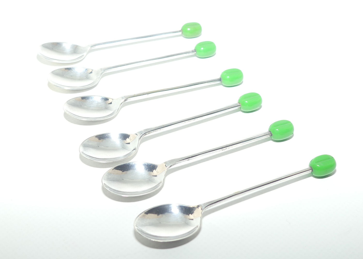 Set of 6 EPNS A1 Art Deco tea or coffee spoons | Green Coffee bean handles | boxed