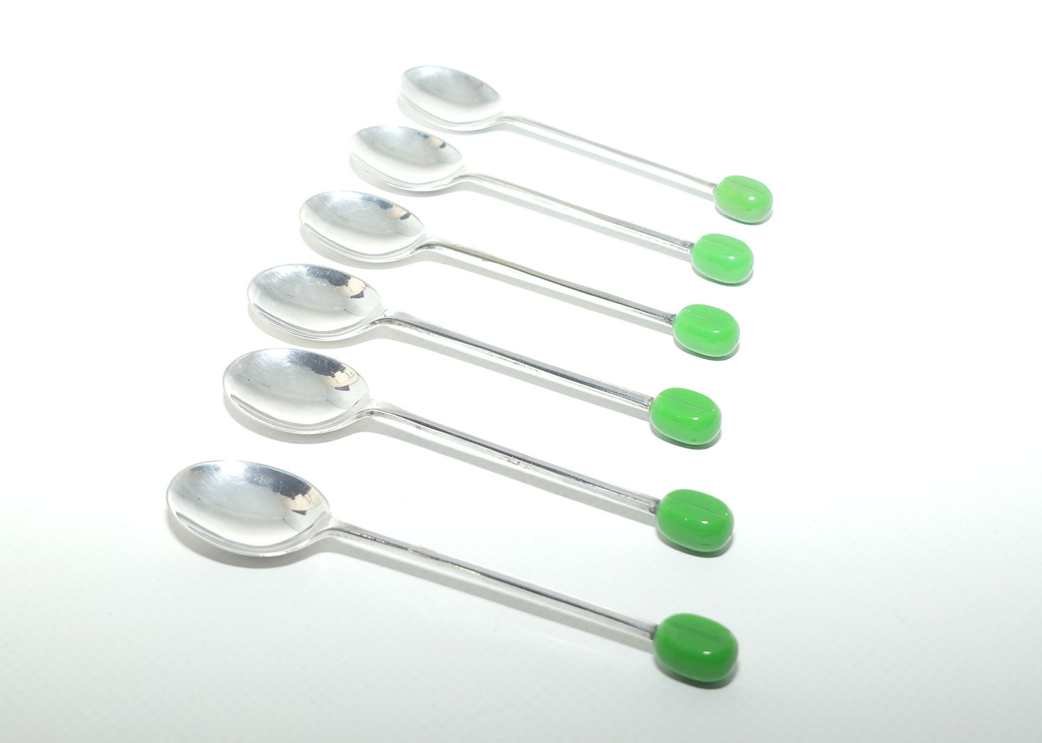 Set of 6 EPNS A1 Art Deco tea or coffee spoons | Green Coffee bean handles | boxed