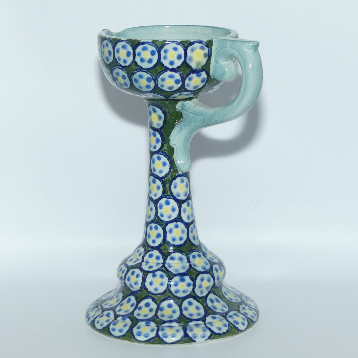 early Polish Bolesławiec Pottery tall candleholder