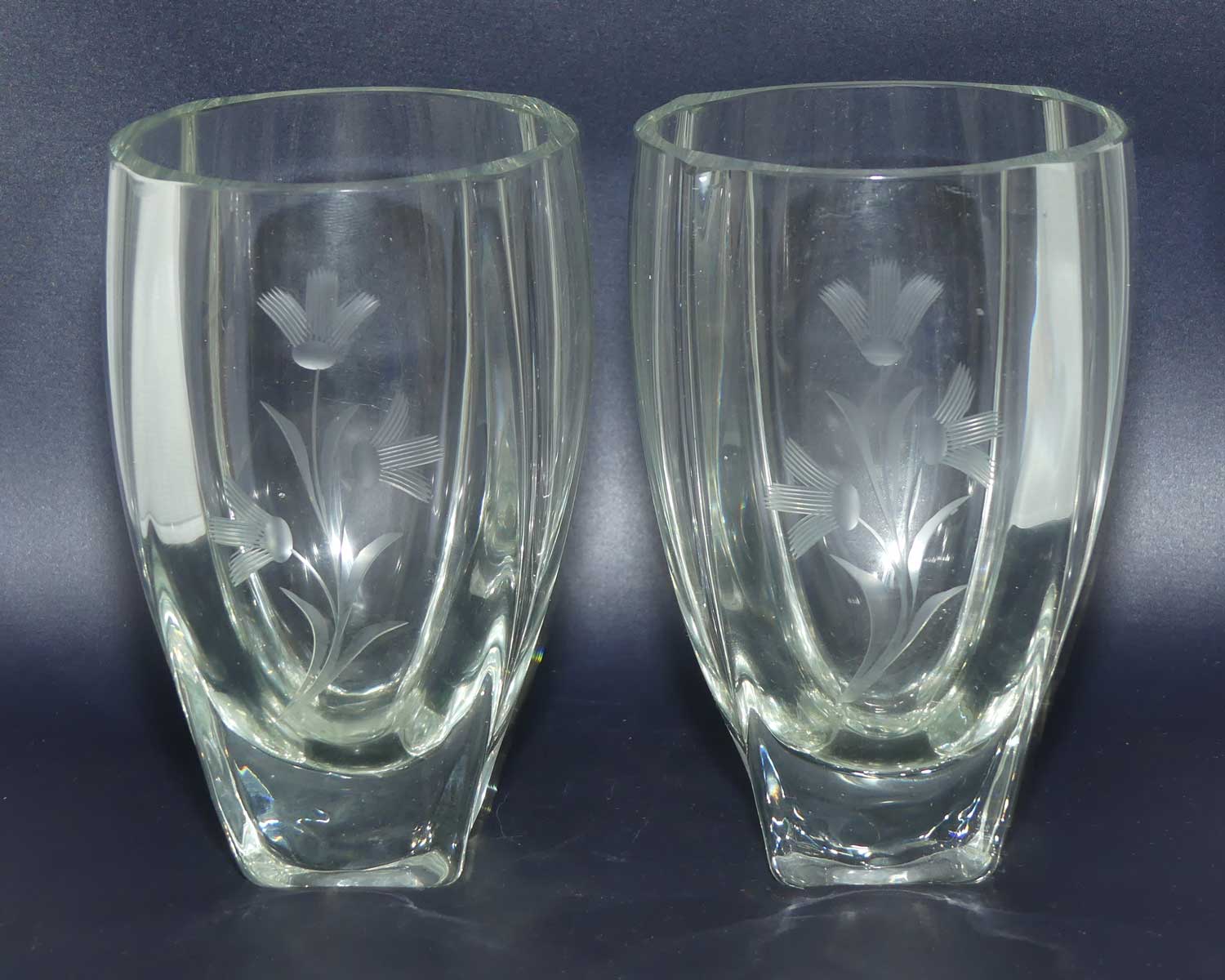 Pair of European Mid Century Modern etched floral pattern posy vases | Unusual shape