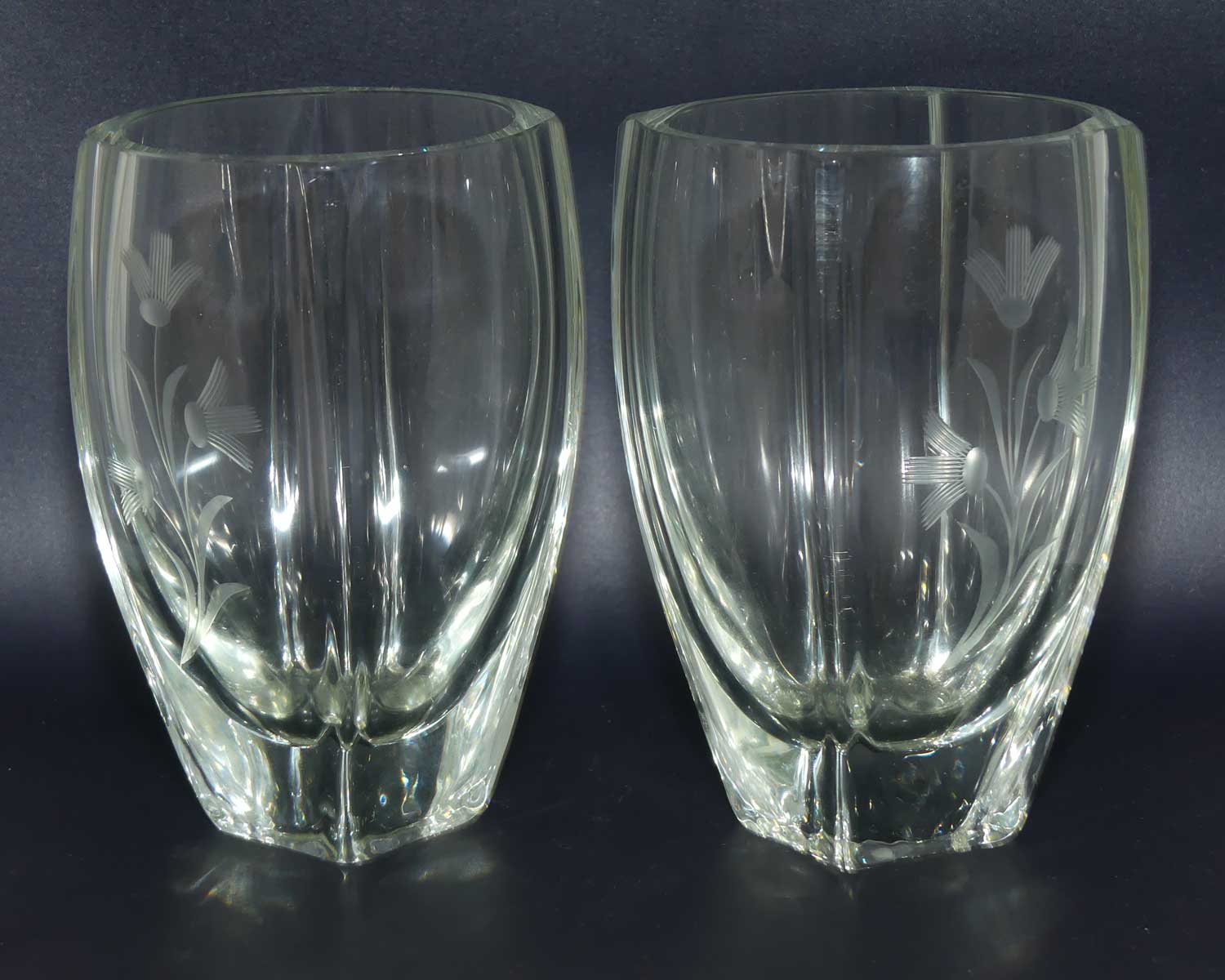 Pair of European Mid Century Modern etched floral pattern posy vases | Unusual shape