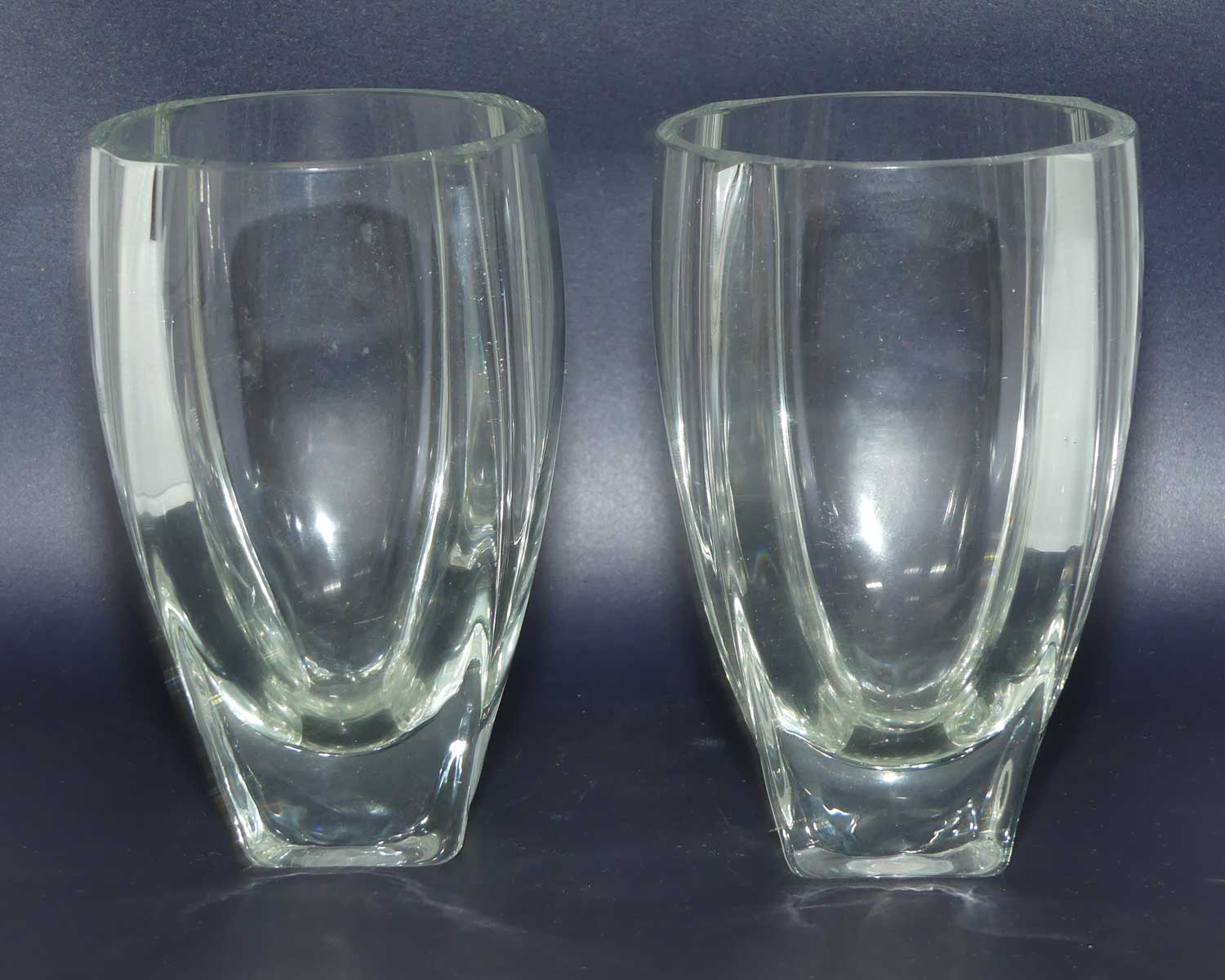 Pair of European Mid Century Modern etched floral pattern posy vases | Unusual shape