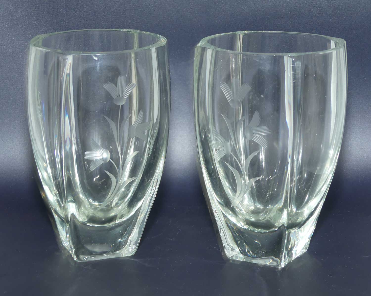 Pair of European Mid Century Modern etched floral pattern posy vases | Unusual shape