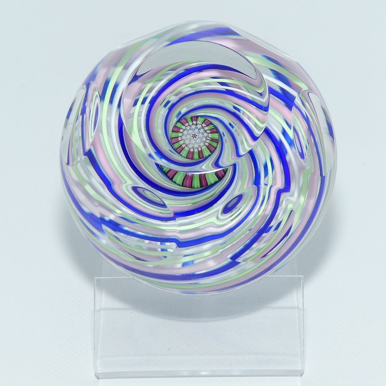 John Deacons Scotland 4 colour Swirl paperweight | Facetted | Blue Pink Lime White