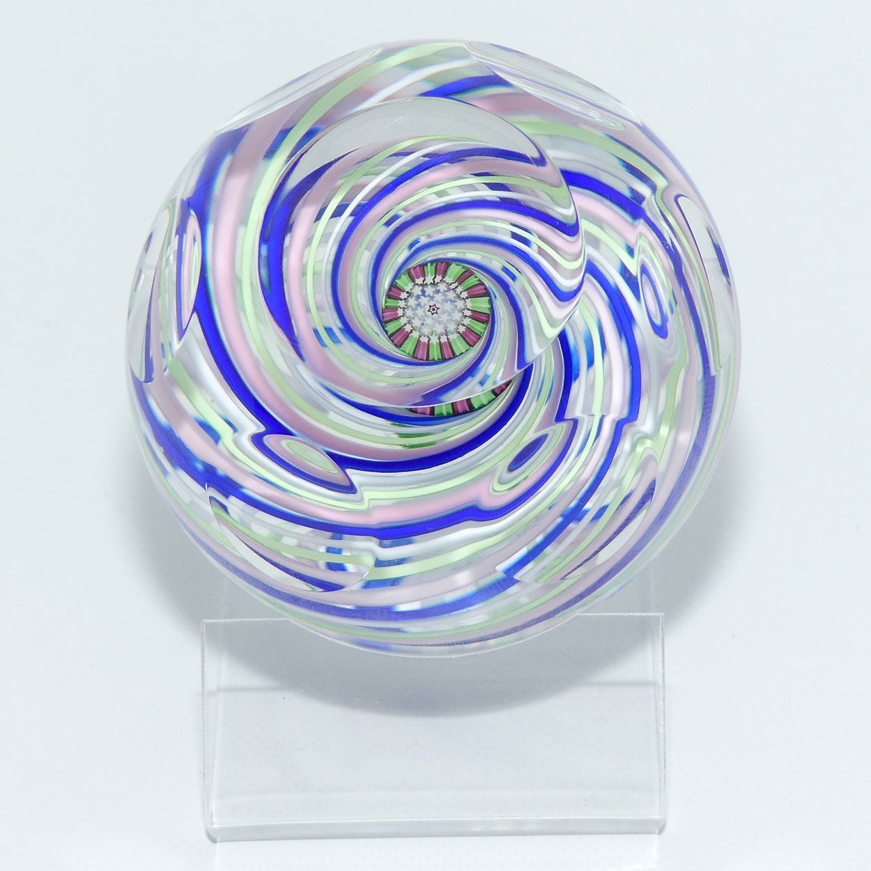 John Deacons Scotland 4 colour Swirl paperweight | Facetted | Blue Pink Lime White