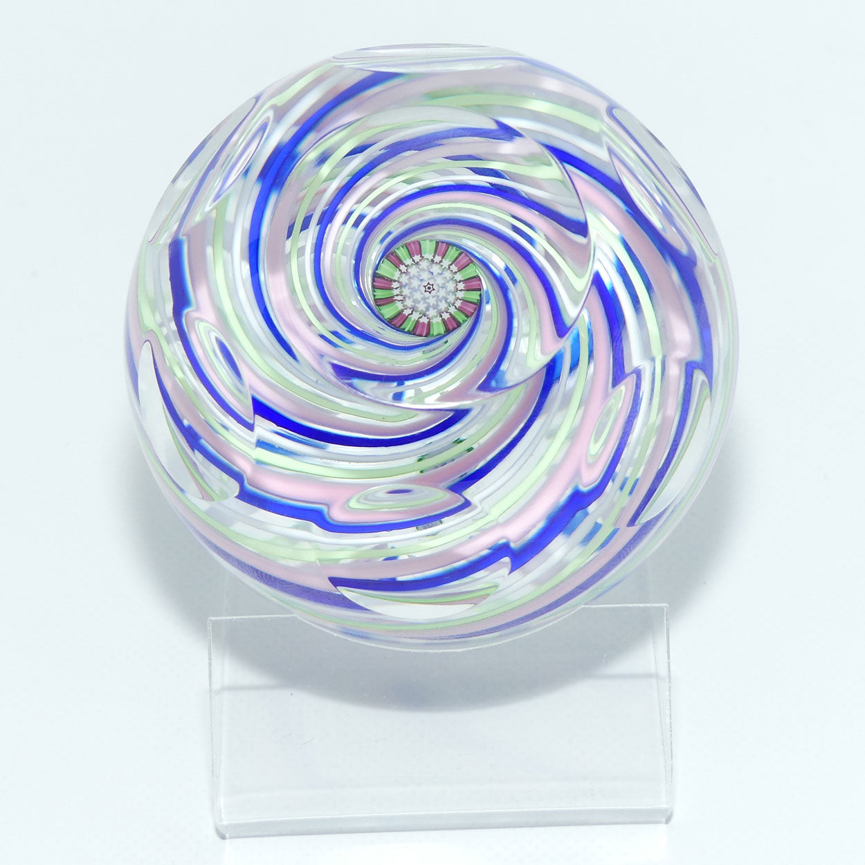 John Deacons Scotland 4 colour Swirl paperweight | Facetted | Blue Pink Lime White