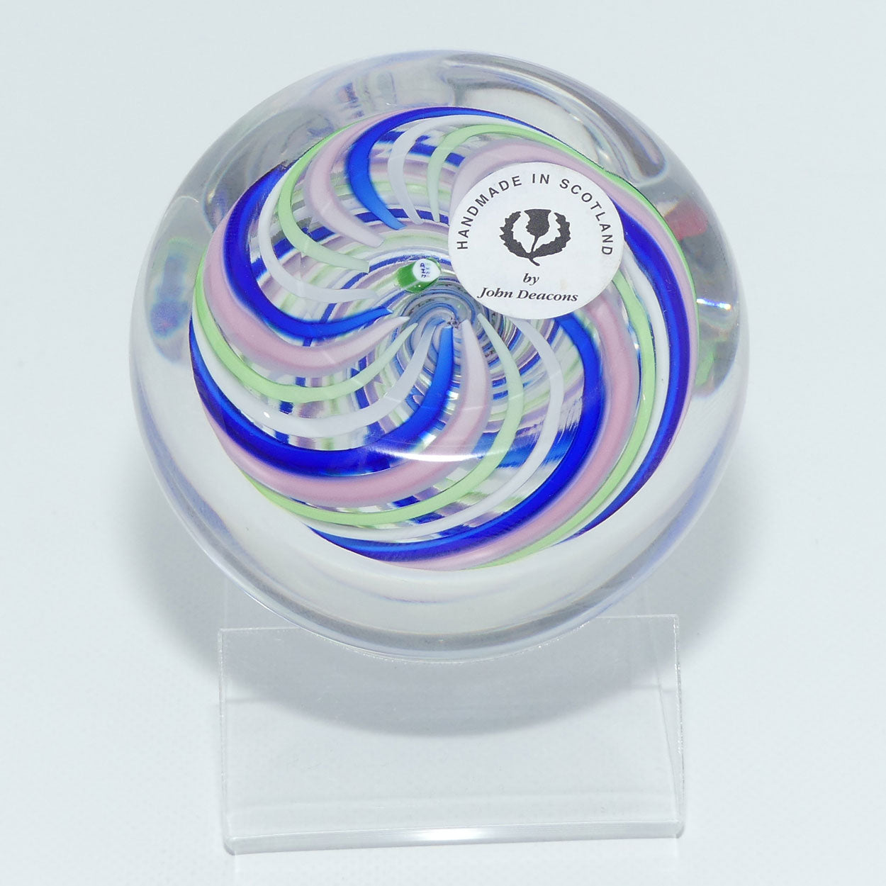 John Deacons Scotland 4 colour Swirl paperweight | Facetted | Blue Pink Lime White