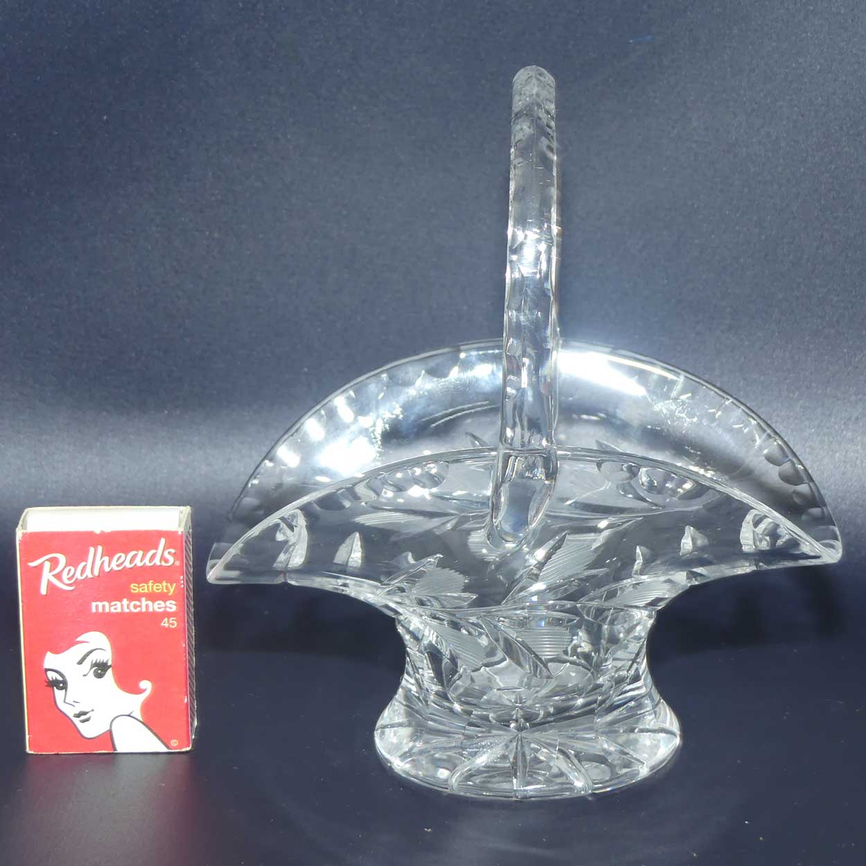 Bohemian Crystal basket | Fancy leaf pattern and facetted handle and rim