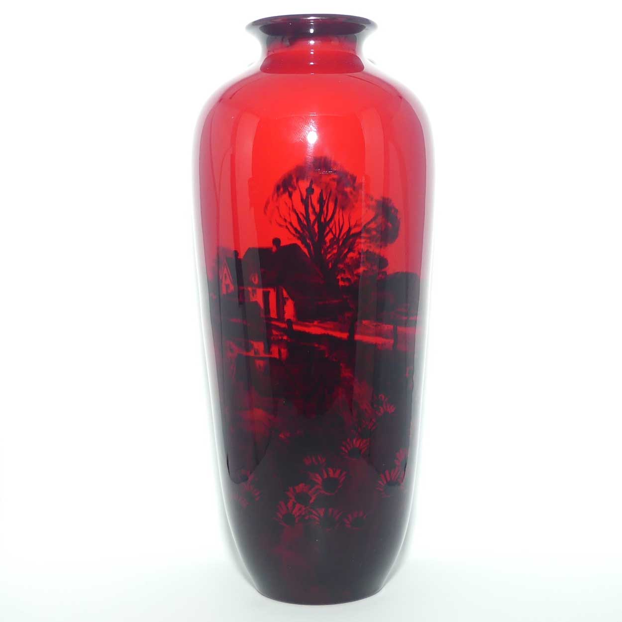 Royal Doulton Flambe vase | Thatched Cottage Farmhouse and Daisies | signed FM Moore