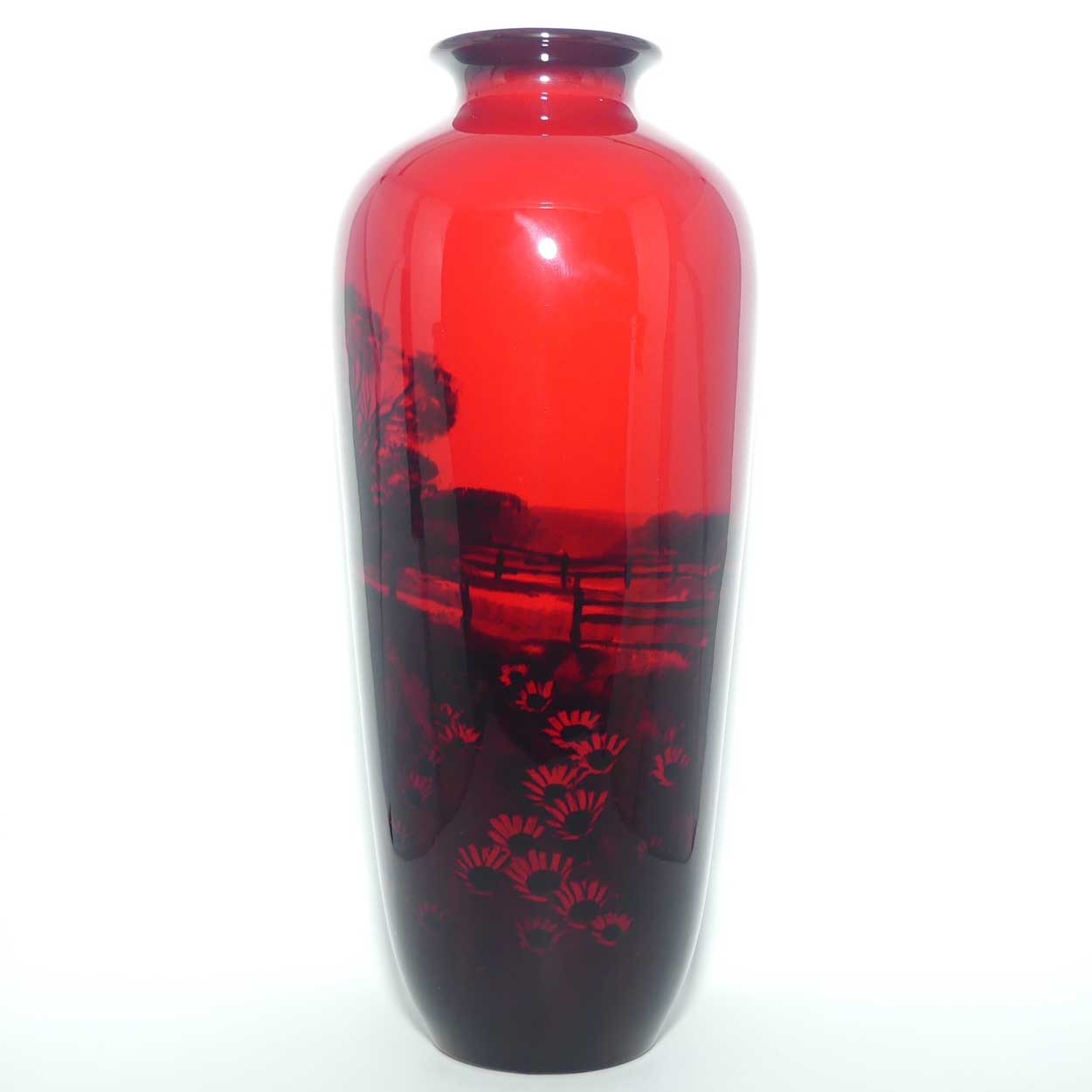 Royal Doulton Flambe vase | Thatched Cottage Farmhouse and Daisies | signed FM Moore