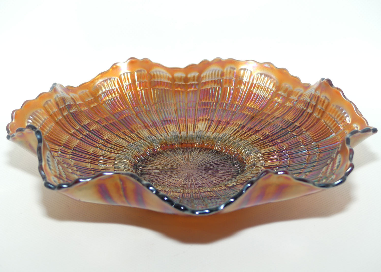Fenton Amethyst Carnival Glass fluted edge bowl | PLAID pattern