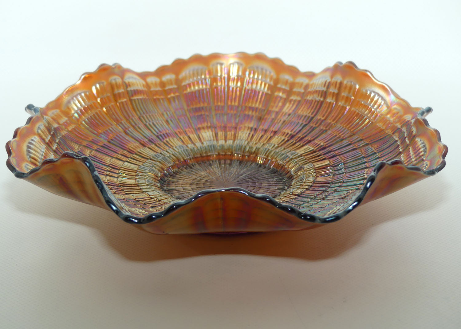 Fenton Amethyst Carnival Glass fluted edge bowl | PLAID pattern