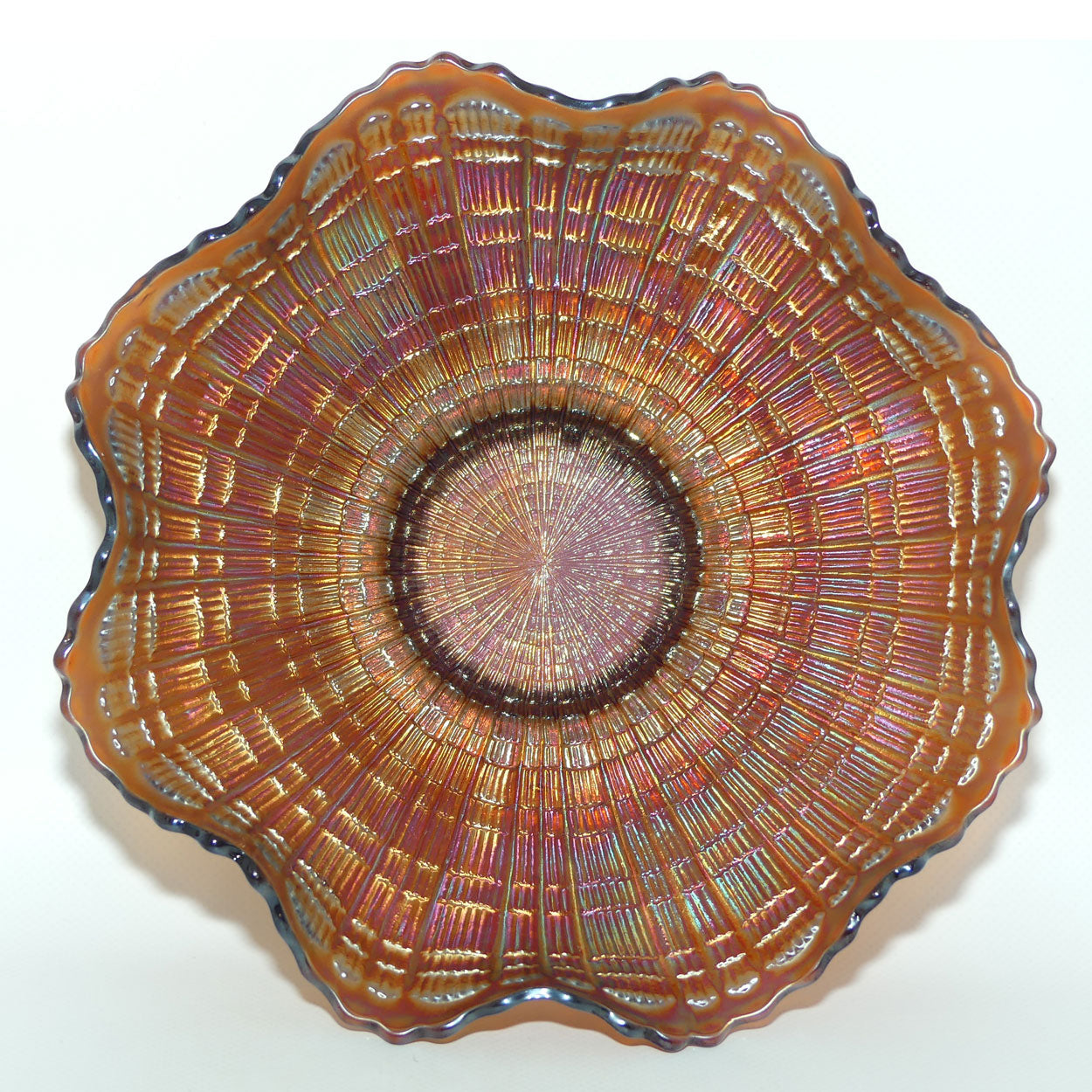 Fenton Amethyst Carnival Glass fluted edge bowl | PLAID pattern