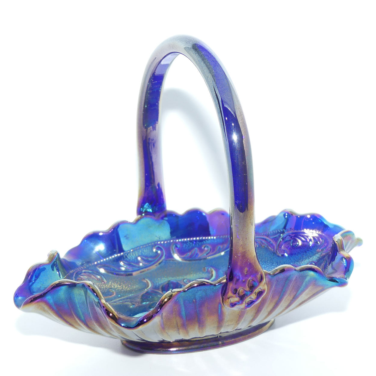 Fenton 1970 vintage Electric Blue Carnival Glass basket | Floral decorated interior