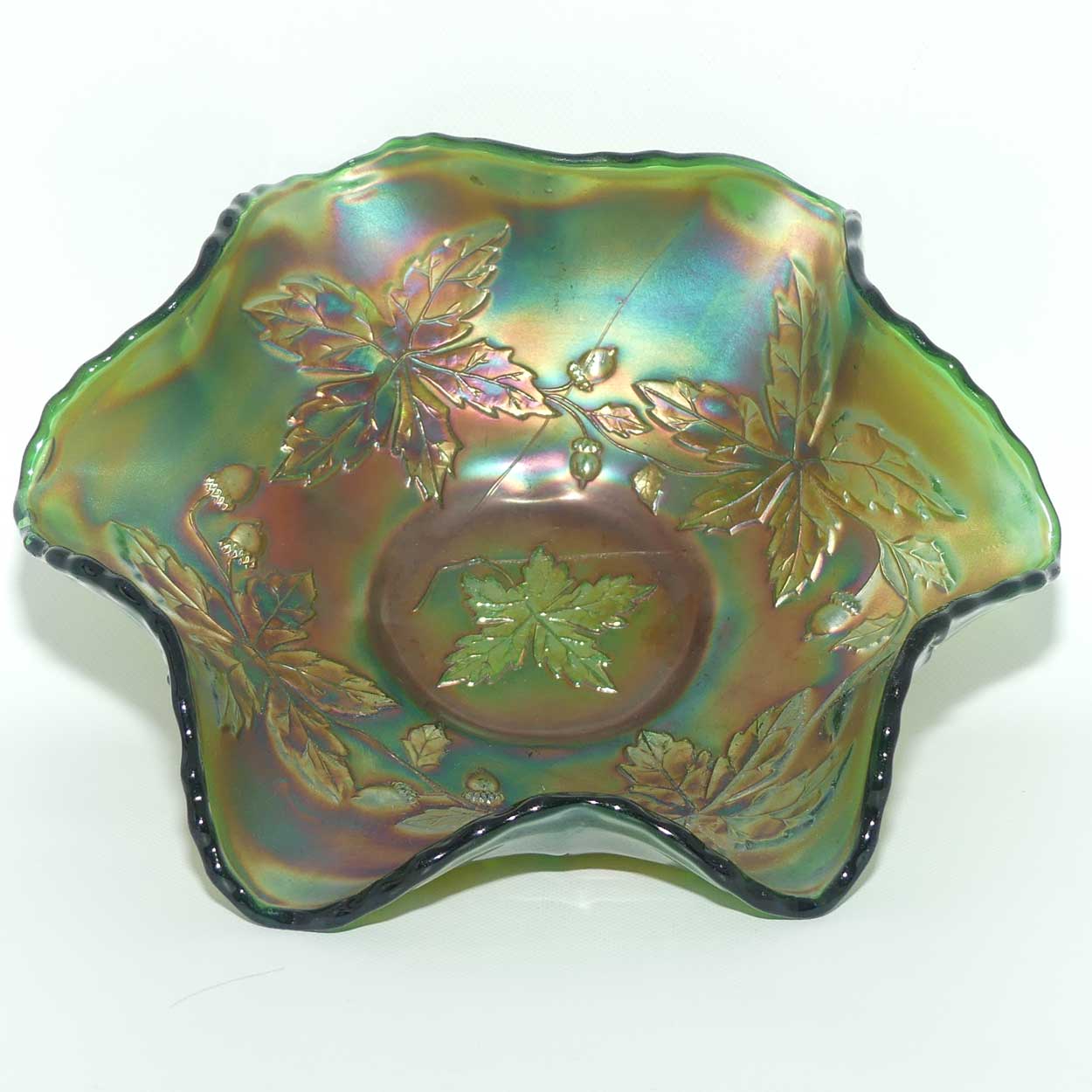 Fenton Green Carnival Glass Acorn and Maple Leaf bowl