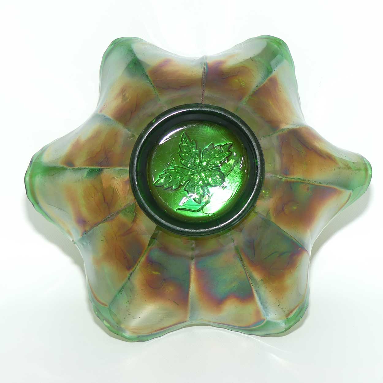 Fenton Green Carnival Glass Acorn and Maple Leaf bowl