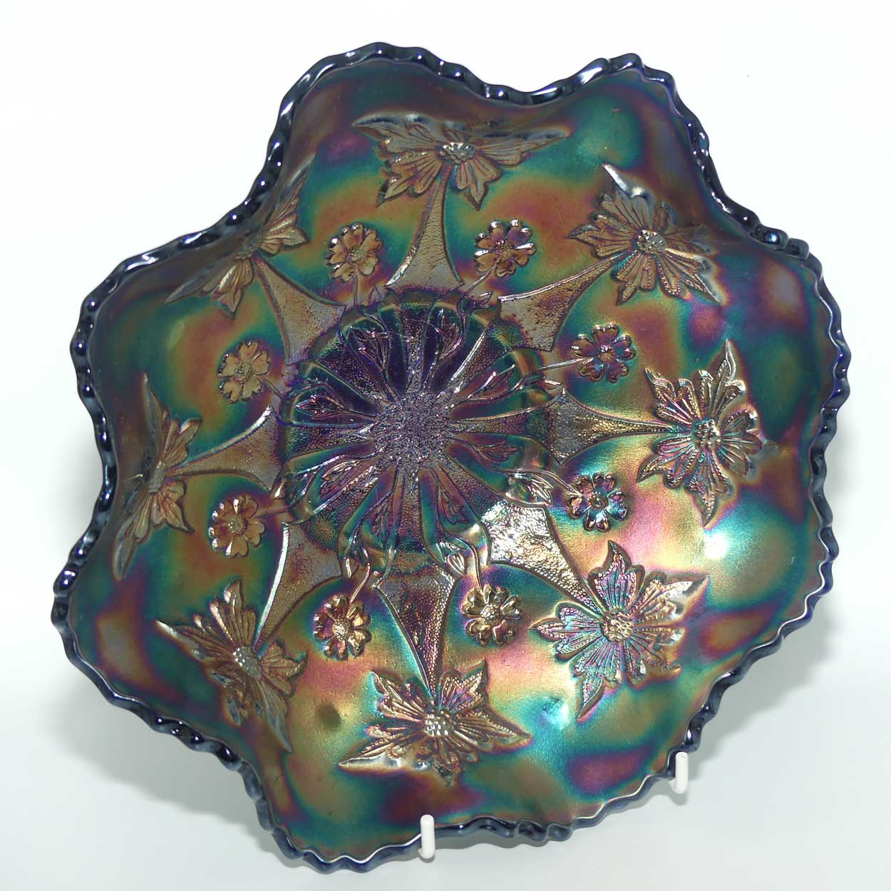 Fenton Blue Green Carnival Little Flowers bowl | 25cm