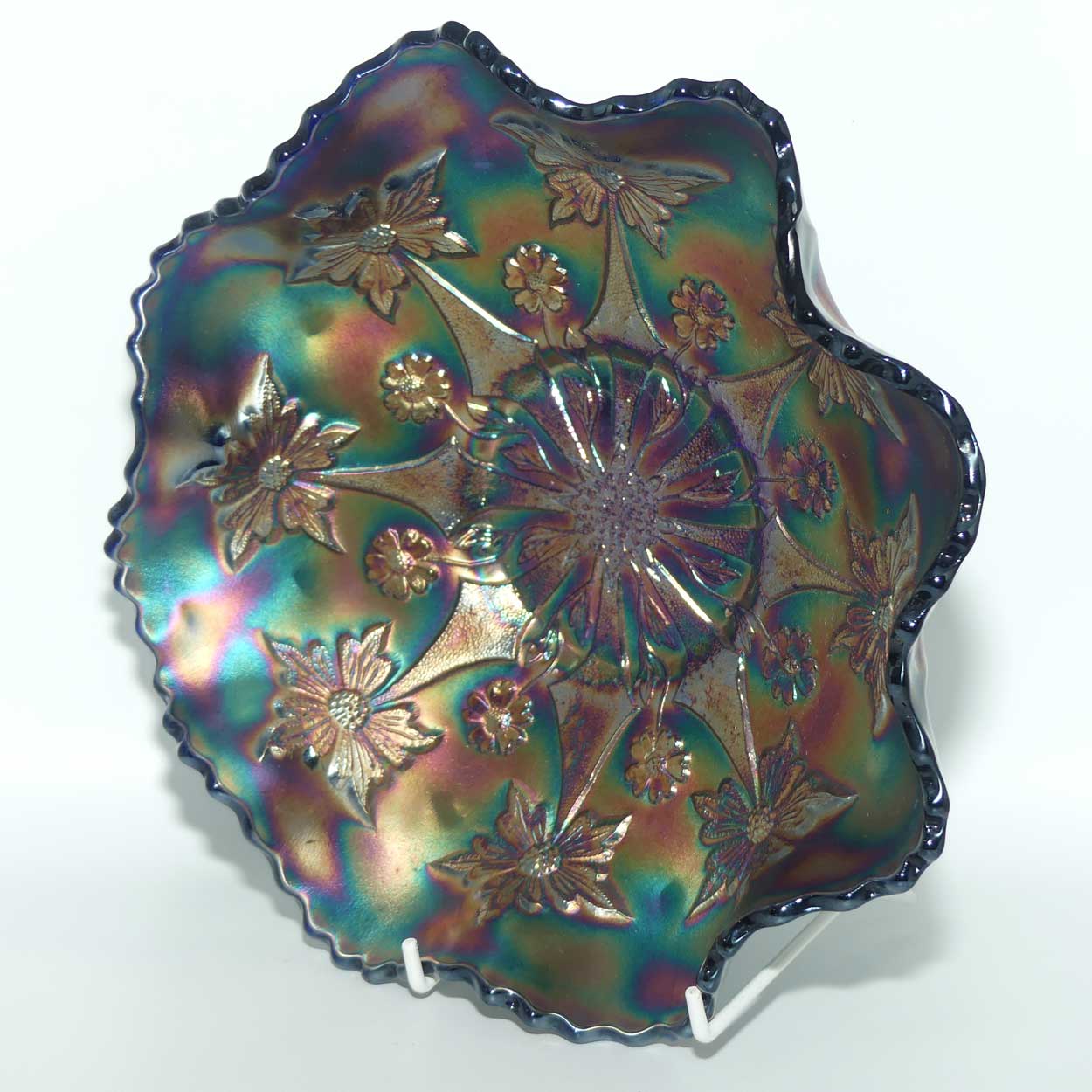 Fenton Blue Green Carnival Little Flowers bowl | 25cm