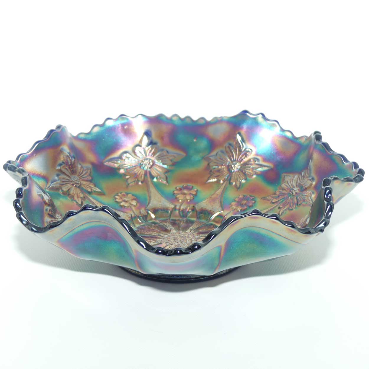 Fenton Blue Green Carnival Little Flowers bowl | 25cm