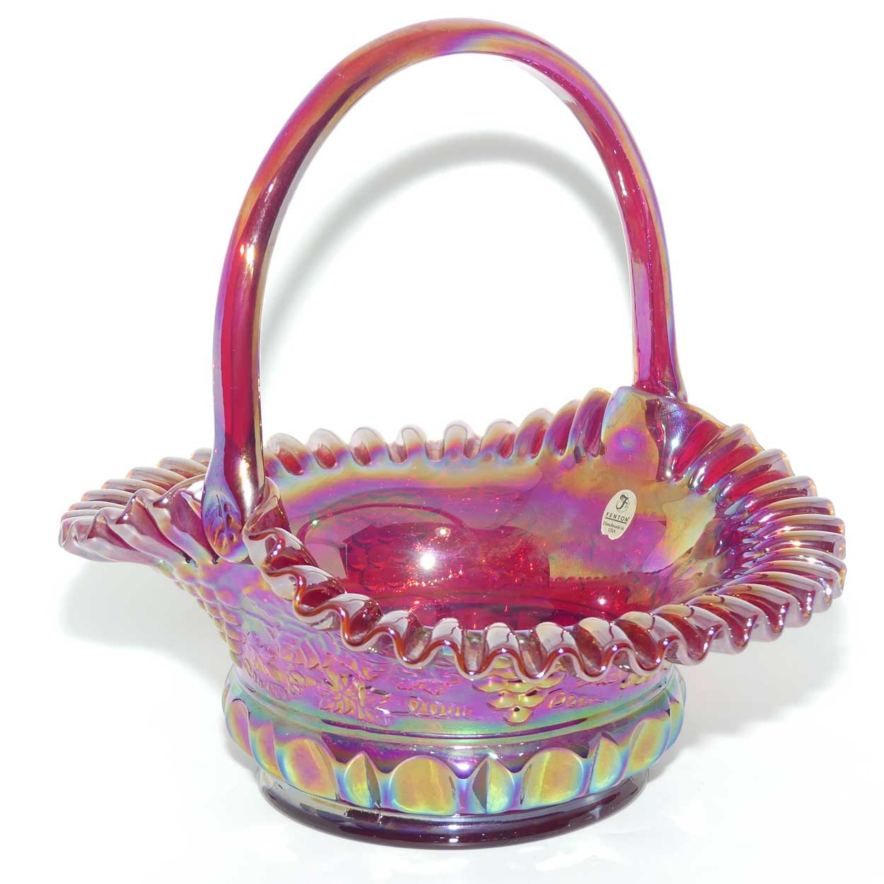 Fenton 1990 vintage Red Carnival Glass large basket | Grape and Vine exterior