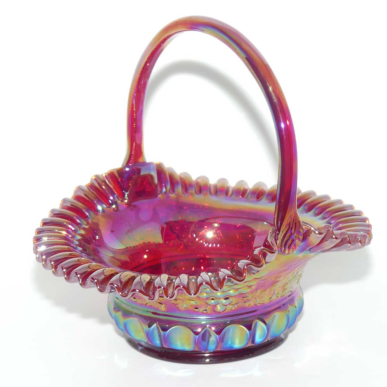 Fenton 1990 vintage Red Carnival Glass large basket | Grape and Vine exterior