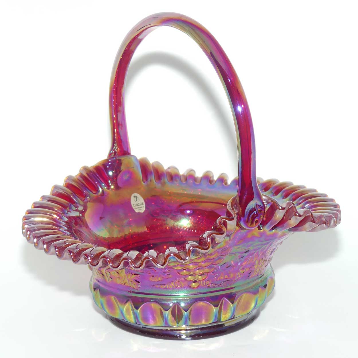 Fenton 1990 vintage Red Carnival Glass large basket | Grape and Vine exterior