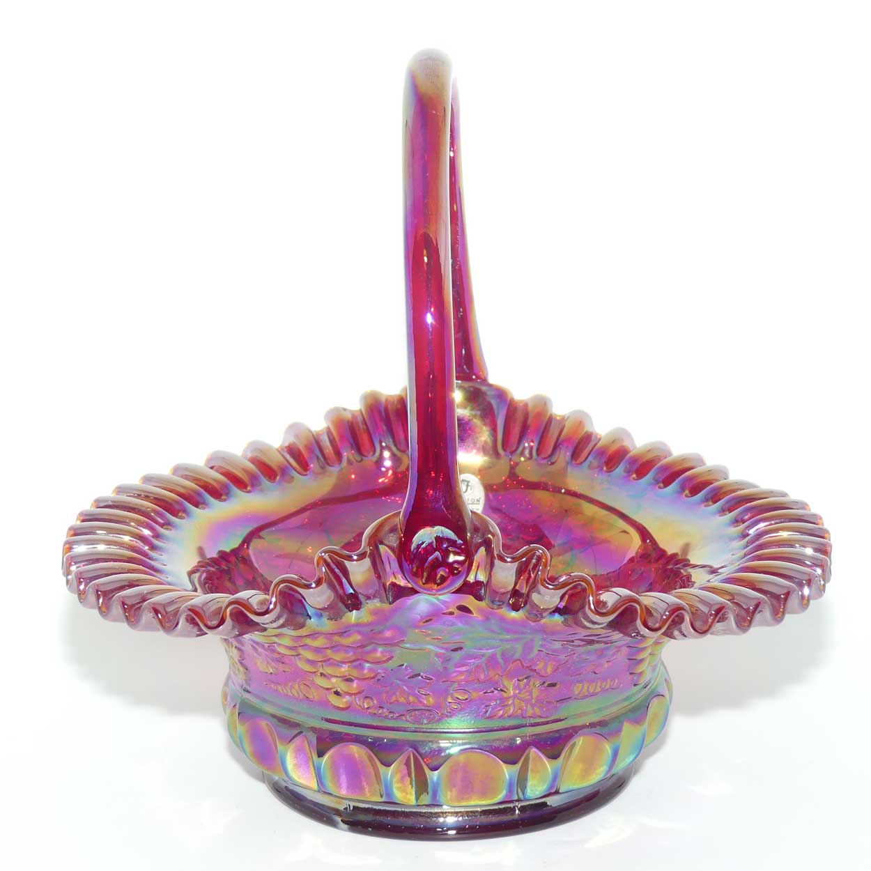 Fenton 1990 vintage Red Carnival Glass large basket | Grape and Vine exterior