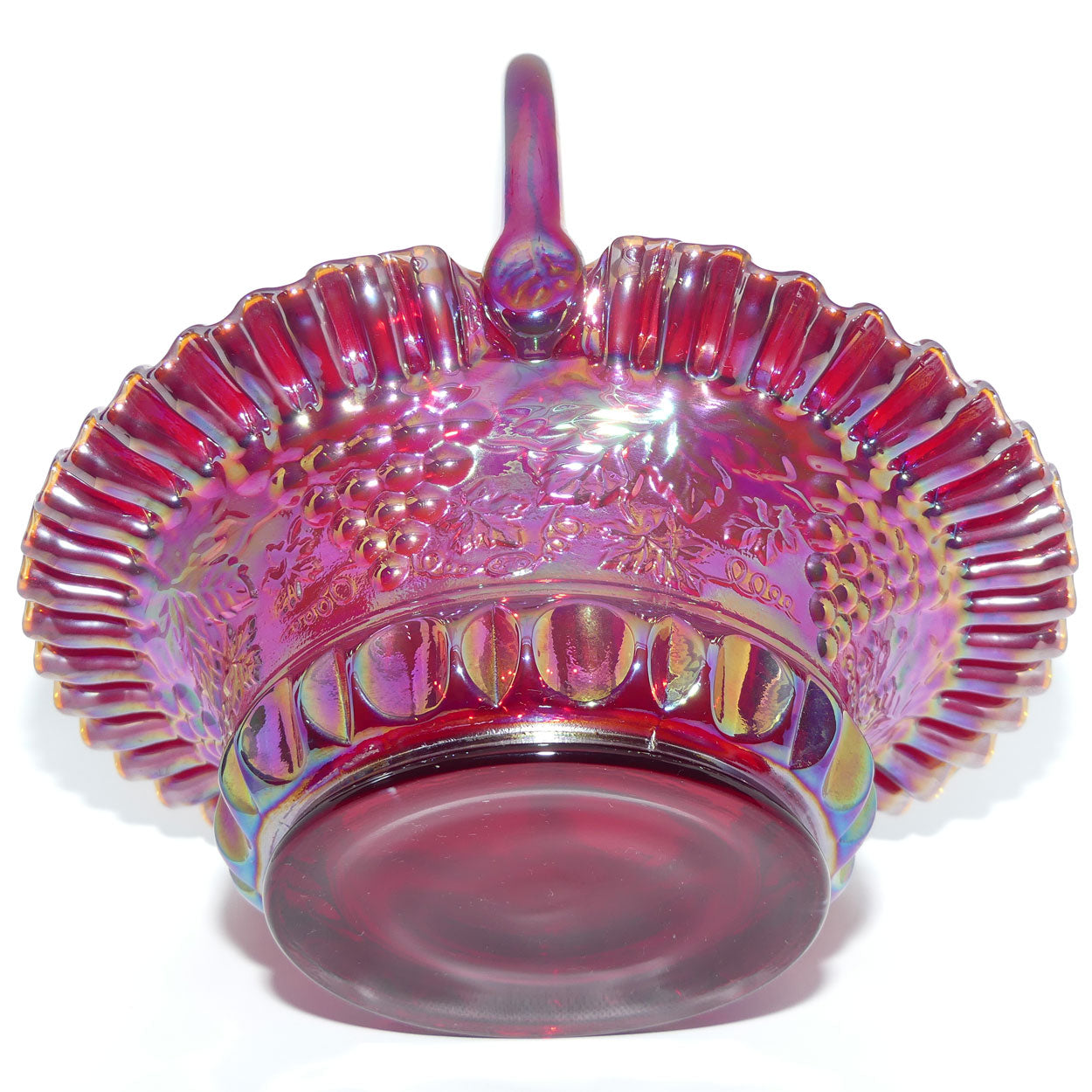 Fenton 1990 vintage Red Carnival Glass large basket | Grape and Vine exterior