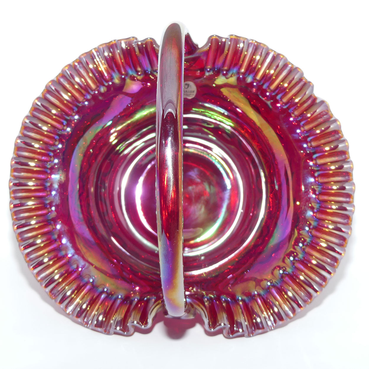 Fenton 1990 vintage Red Carnival Glass large basket | Grape and Vine exterior