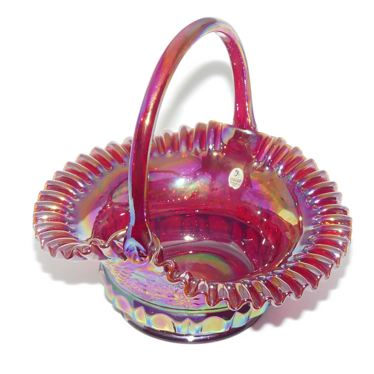 Fenton 1990 vintage Red Carnival Glass large basket | Grape and Vine exterior
