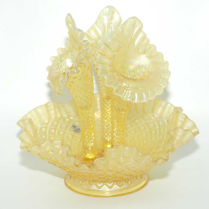 Fenton Yellow Stretch Carnival Glass 3 trumpet epergne | Optic Lace