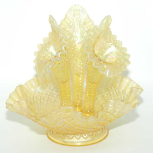 Fenton Yellow Stretch Carnival Glass 3 trumpet epergne | Optic Lace